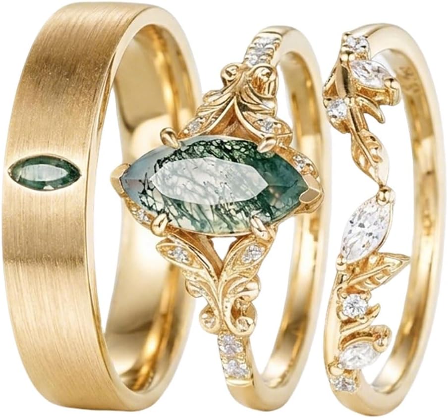 10K 14K 18K Gold Custom Natural Moss Agate Couple Rings 2PCS/3PCS Moss Agate Wedding Promise Ring Sets for Him and Her Couple Size 3-16