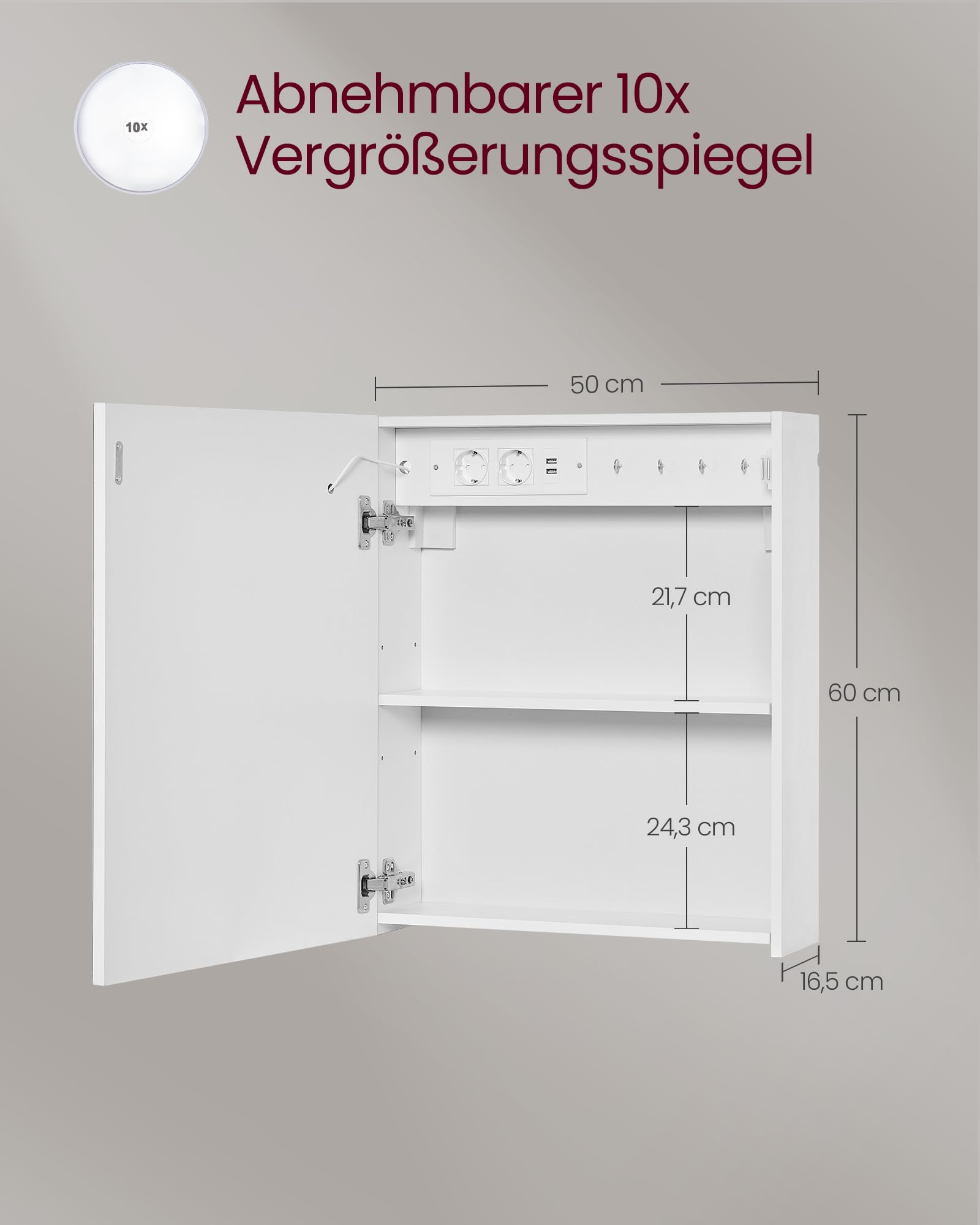 VASAGLE Kailyn Kollektion - Spiegelschrank mit Beleuchtung, 16,5 x 50 x 60 cm, Badezimmerschrank, Wandschrank, Steckdosenleiste, Entfogging-Funktion, 10x Vergrößerungsspiegel, modern, weiß BBK133W01