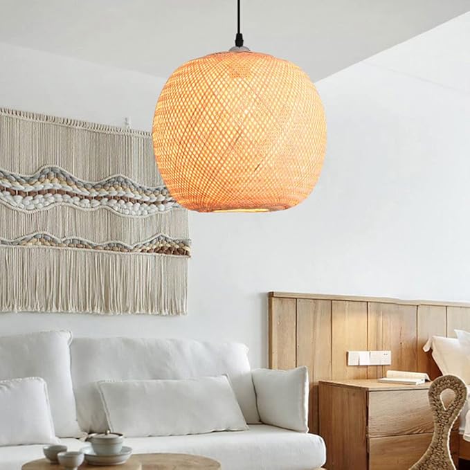 LQZCXMF Natuurlijke Bamboe En Rotan Geweven Hanglamp Vintage Bamboe Geweven Licht Ronde Design Hanglamp Hangende Decoratie Rustieke Japanse Lamp Voor Keuken Woonkamer Eetkamer photo 2