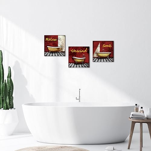 Miniatura 8 de SkenoArt Decoración de pared de baño rojo y negro, 3 piezas, para relajarse, relajarse, remojar, remojar, arte de pared, decoración de baño burdeos,