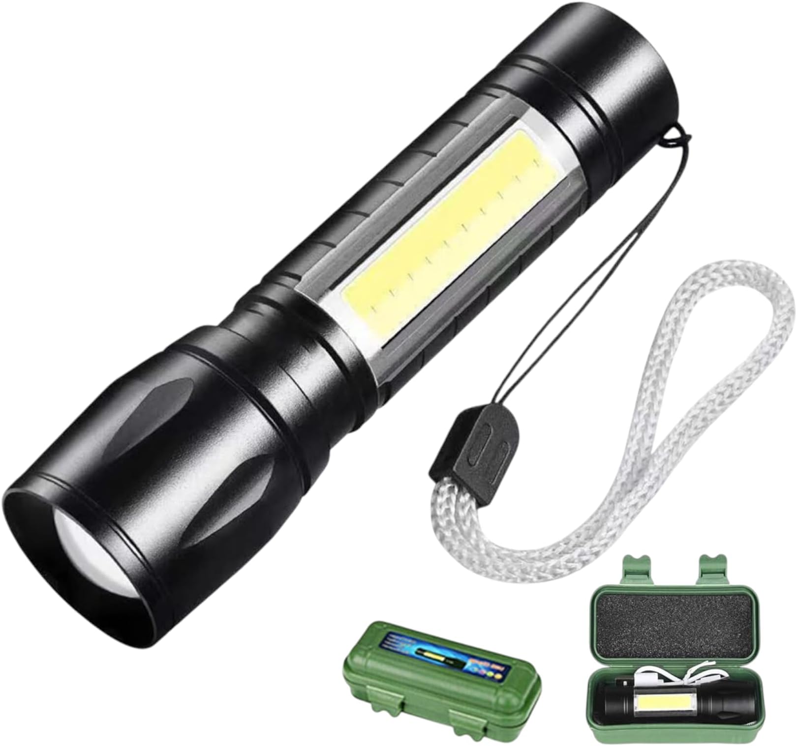 LED Pocket Flashlight Light USB Rechargeable Flashlight | 3 Modes | Adjustable Focus | Zoomable Flash Light Portable Waterproo | COB Side Lights Metal Body