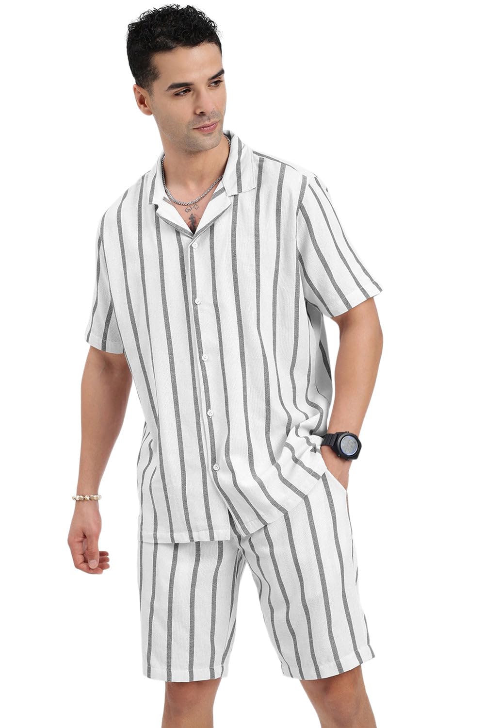 showoffff Men's White Striped Cuban Collar Relaxed Fit Co-Ords Set-Mila-3762_White-picture-22