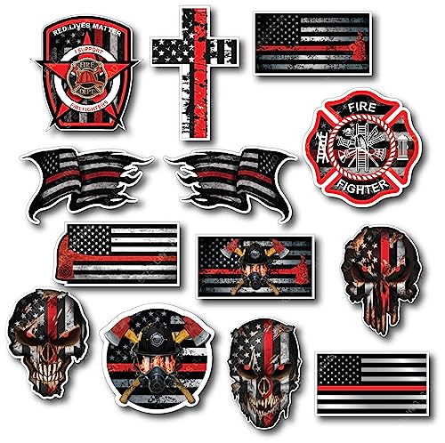 Mega Variety Pack of 13 Thin Red Line Firefighter Stickers Fire Department Fire Truck Red Lives Matter Decal Sticker Car Truck RLM (13 Small Decals)