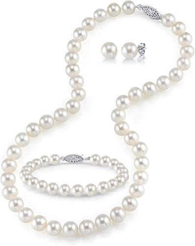 The Pearl Source Juego de collar de perlas cultivadas Akoya de oro de 14 quilates de 6.5 a 0.276in de longitud de princesa para mujer, Perla, Perla