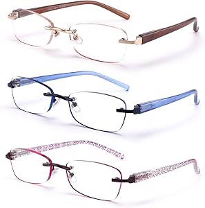 3-Pack Rimless Reading Glasses For Women, Lightweight Spring Hinge Readers, Classic Elegant Artistic Eyeglasses UV 400 (Mix 2.75 Etc)