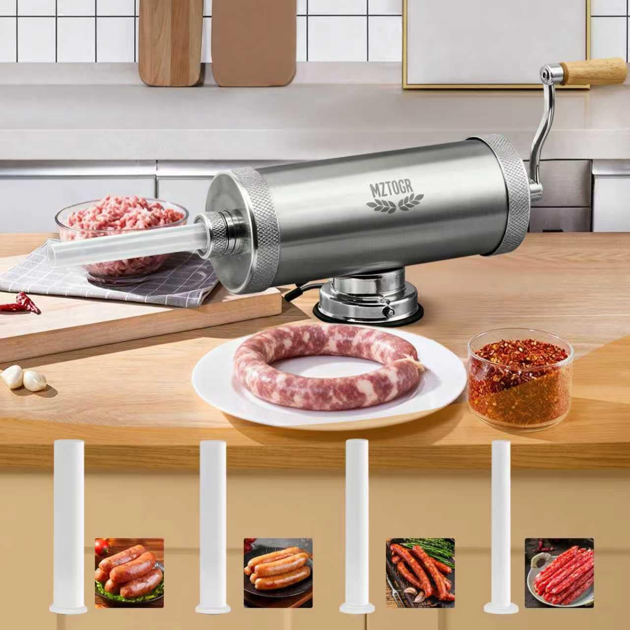 MZTOGR 5L Wurstfüller, Edelstahl Horizontale Wurstmaschine, Manuelle Wurstmaschine, Wurstpresse mit Tischklemme & 4 Füllrohre, Wurstfüllmaschine für Hausgemachte