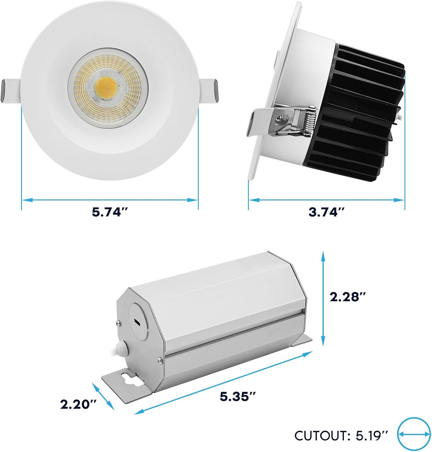 LUXRITE 5 Inch LED Recessed Light, Regressed Spotlight with Round White Interchangeable Trim, 22W, 1800LM, 5CCT 2700K–5000K, 38°, Dual Dimmable, Twist-N-Lock, CRI90, Wet & IC Rated, ETL (4 Pack)