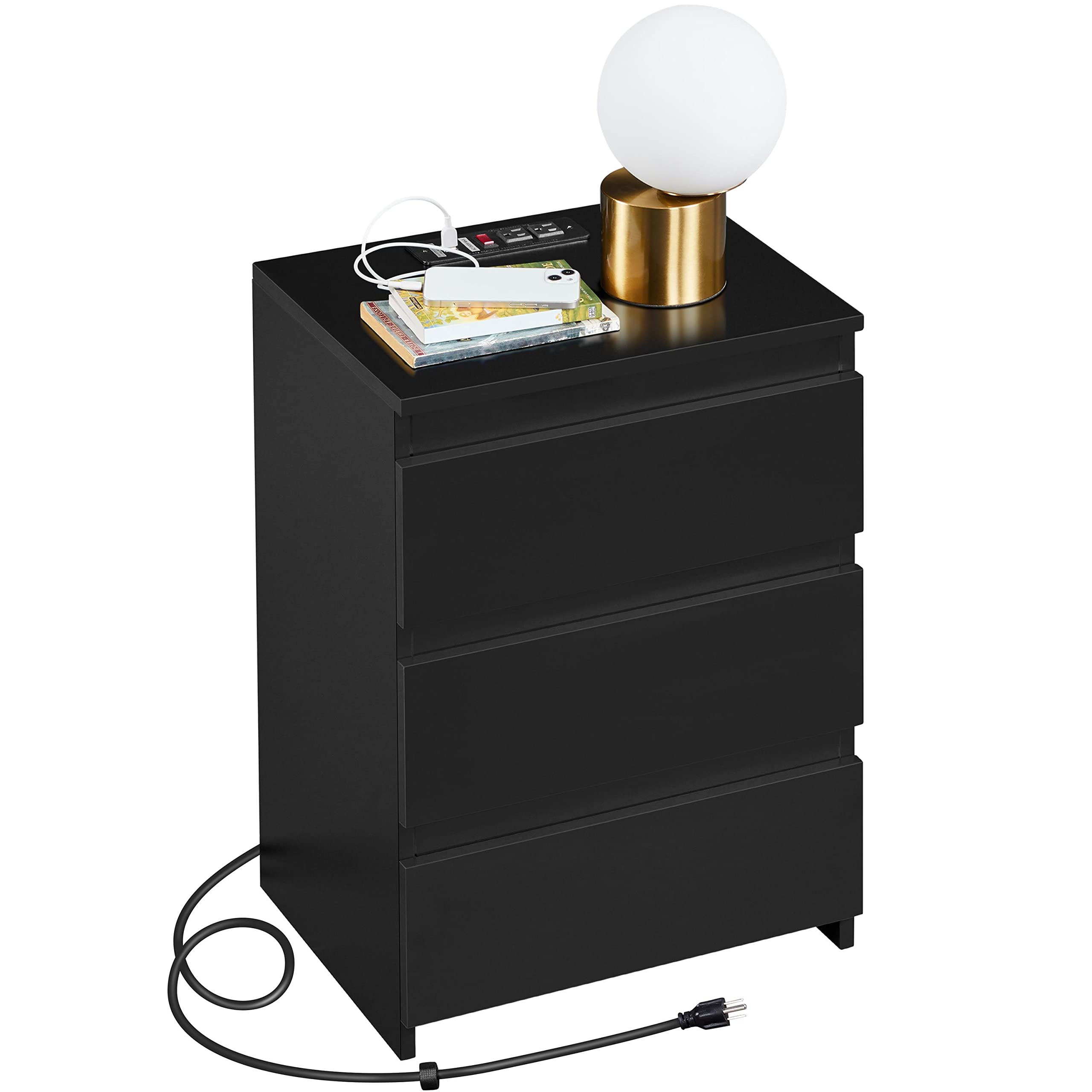 YaheetechNightstand with Charging Station, Wood Bedside Table with 3 Drawers, Bedside Storage Cabinet Unit with 2 USB Ports & Power Outlets for Bedroom/Small Space/Home Office, Black