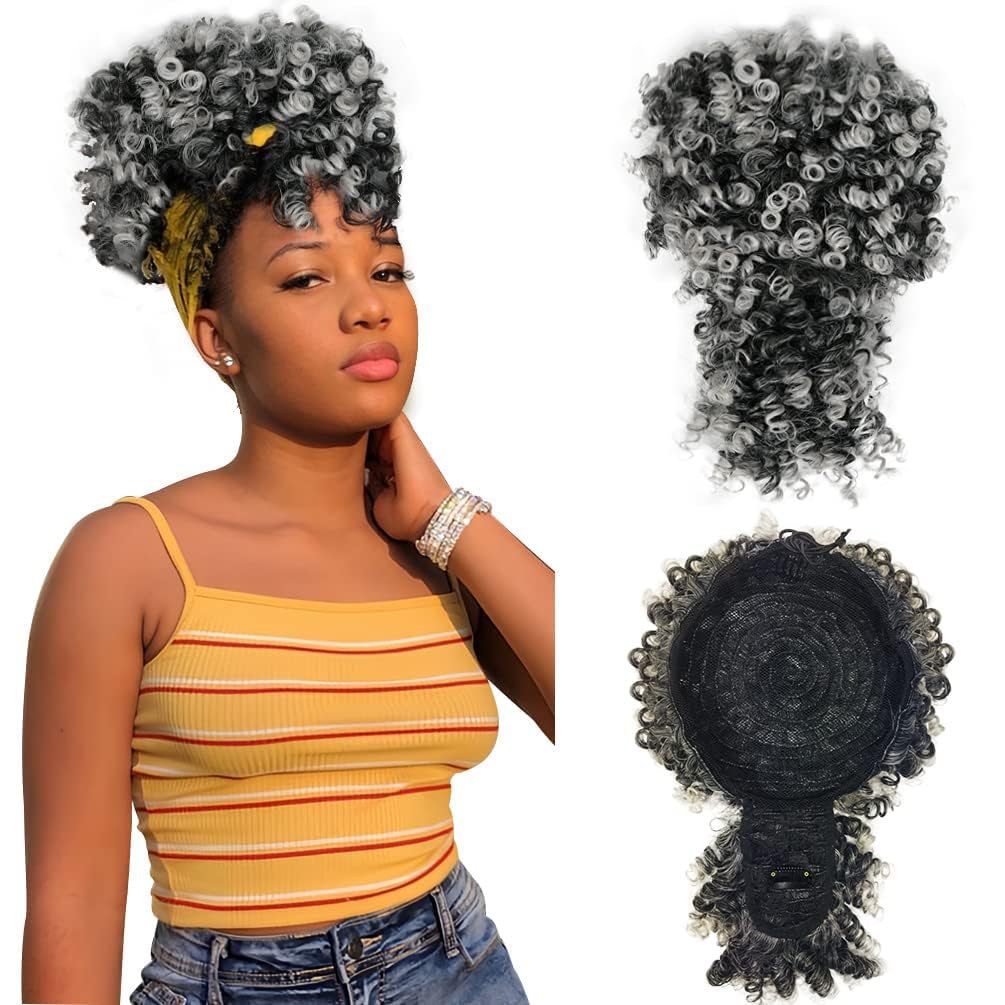 MODSIGHT Afro Puff Drawstring Ponytail with Bangs, Black to Grey Kinky Curly Ponytail Bun with Bangs Updo Hairpieces, Short Afro Puffs with Bang for