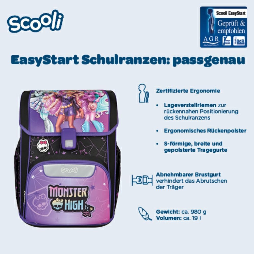 Scooli Schulranzen 1.Klasse Mädchen EasyStart Schulranzen-Set geeignet für Monster High-Fans (9tlg. mit Sporttasche, Brotdose, Trinkflasche, passend Schultüte)
