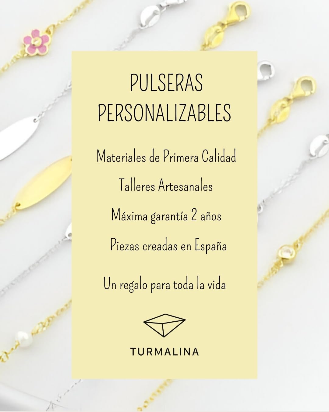 Turmalina - Pulsera personalizable esclava ID dorada de Plata de Ley 925 bebé o niña, pulsera con placa, largo de 11 más 2,5 cm de extensor de la marca de joyería