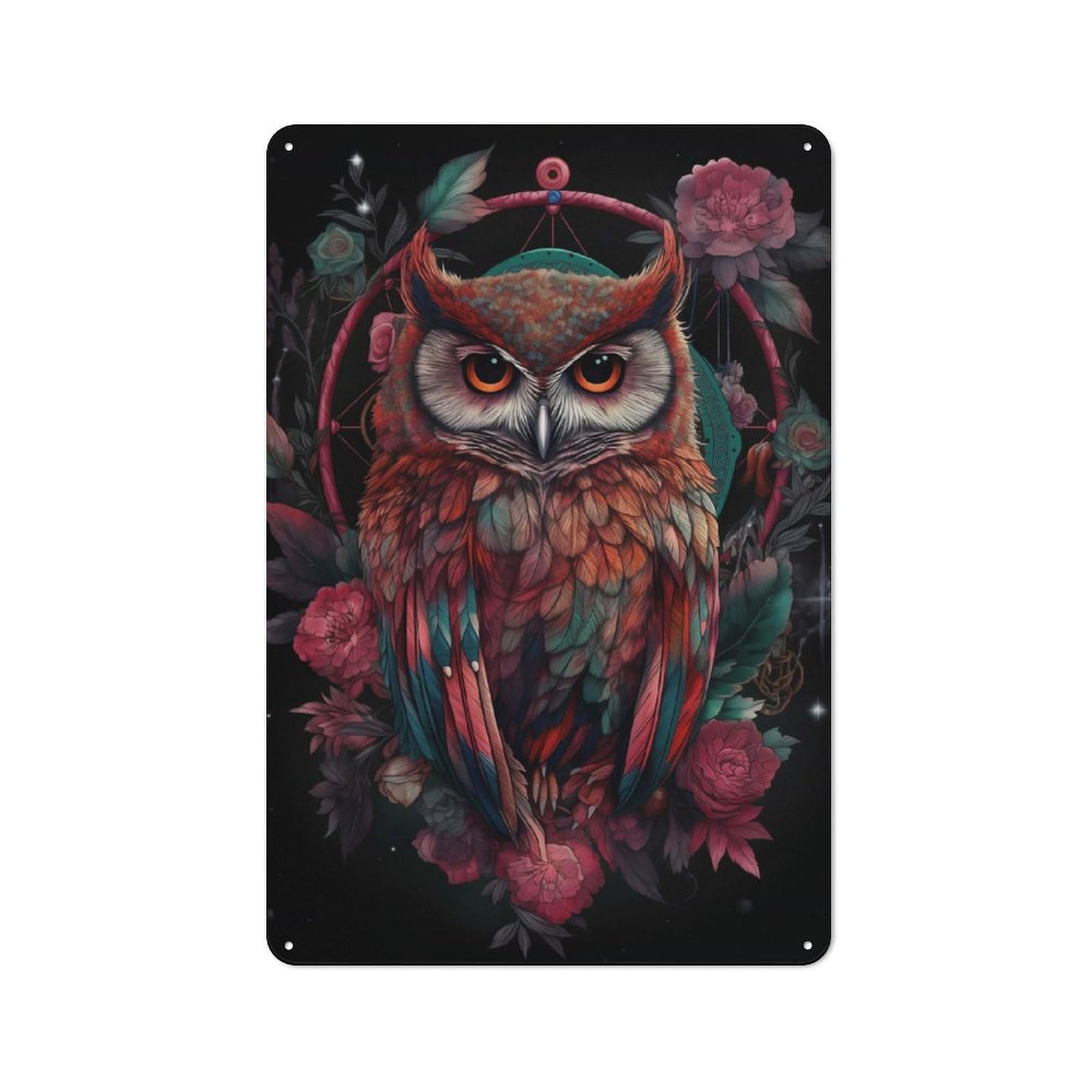 Junmoney Owl Dreamcatcher Tin Wall Plaque With Design 30X20cm, Country Vintage Cottage Wall Art For Kitchen, Cottage, Porch Or Garden Room