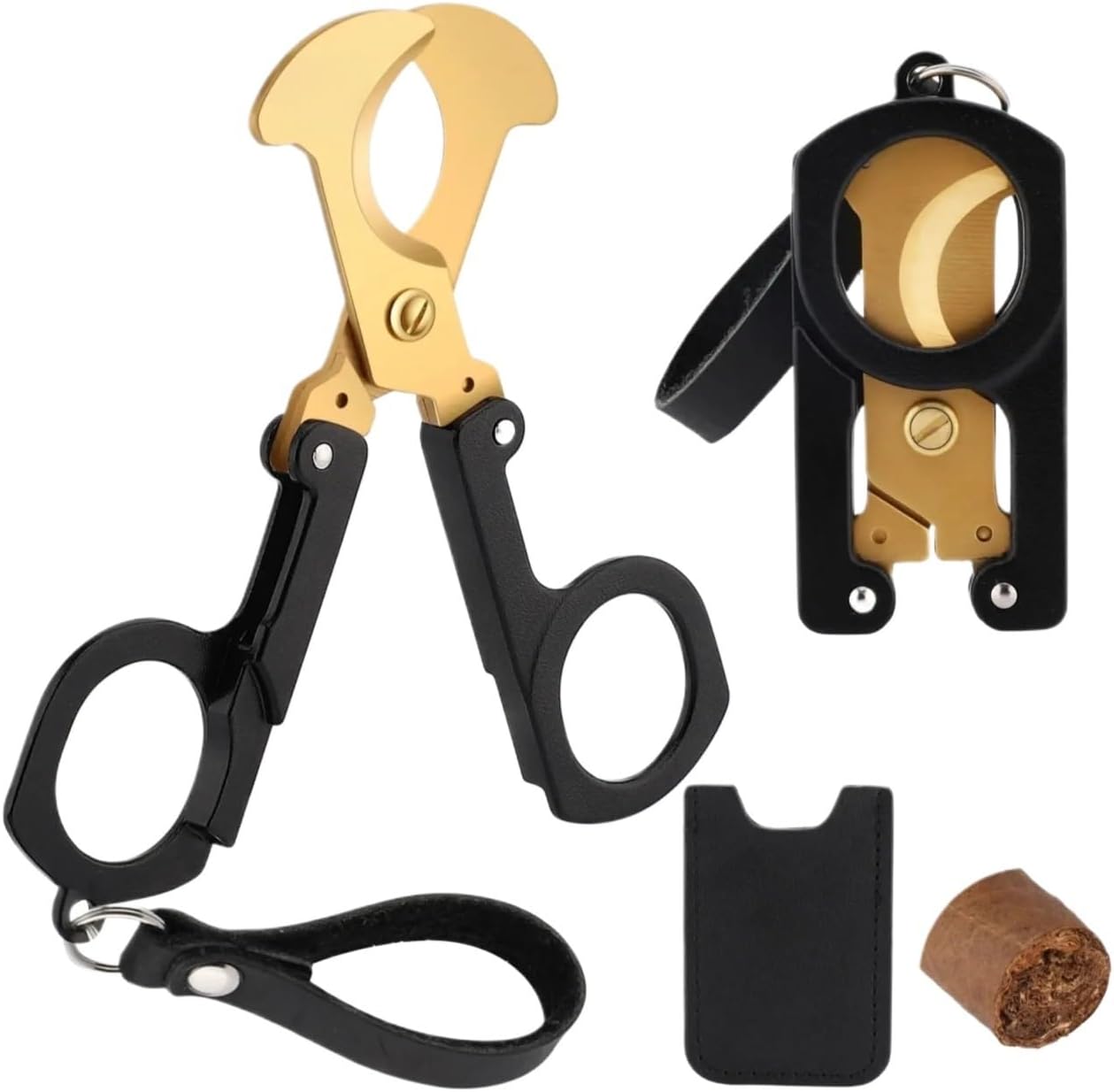 Cigar Cutter Stainless Steel Guillotine Double Cut Scissors with Leather Case Key Ring Portable Metal Slicer(A)