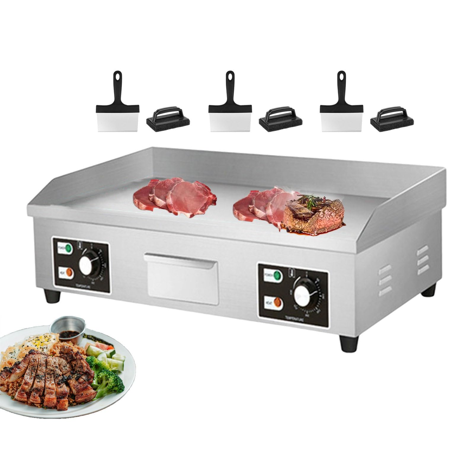 Piastra elettrica Commerciale, Piastra da banco in Acciaio Inox, Piastra per Hamburger e Pancetta, Piastra Antiaderente per Pancake, con 3 Pale e 3 spazzole per，3500W