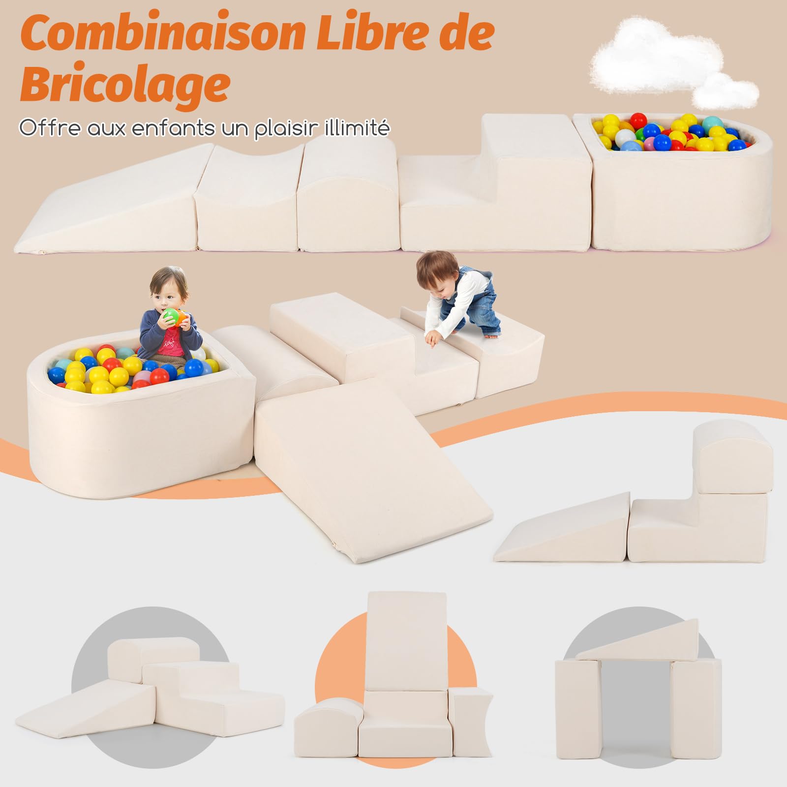 DREAMADE 5 x Baby Motor Skills Course with Washable Cover, Building Blocks with Ball Pool, Motor Skills Module for Children 3+ Years, Without Balls (Beige) - 2