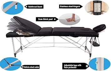 Vesgantti Portable Massage Bed Table - 3 - قسم الألومنيوم القابل للطي من الألومنيوم لعلاج صالون Reiki للعلاج - مسند الرأس المعدني / مع حقيبة حمل (أسود)