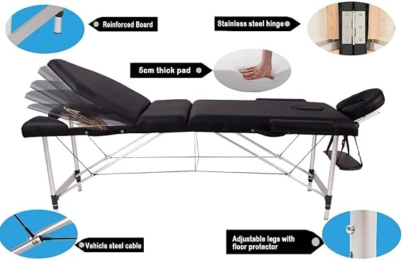 Vesgantti Portable Massage Bed Table - 3 - قسم الألومنيوم القابل للطي من الألومنيوم لعلاج صالون Reiki للعلاج - مسند الرأس المعدني / مع حقيبة حمل (أسود)