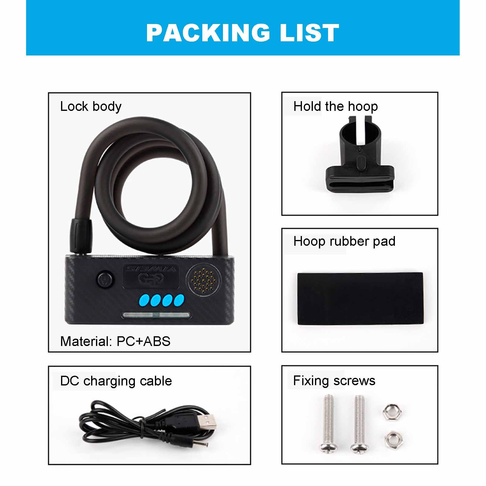 Lucchetto Per Bicicletta Intelligente Con Telecomando - Password A 6 Cifre, Allarme Con Sensore Di Vibrazione Da 95 DB, Cavo in Acciaio Antitaglio Da 60 Cm, Impermeabile IP65, Ricarica CC ,Black