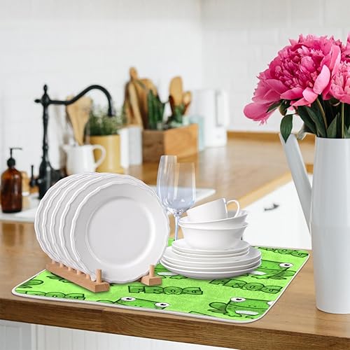 Miniatura 8 de Tapete de secado de platos con patrón de rana de 16 x 18 pulgadas, absorbente y reversible, de microfibra, para cocina, cafetería, bar, encimera