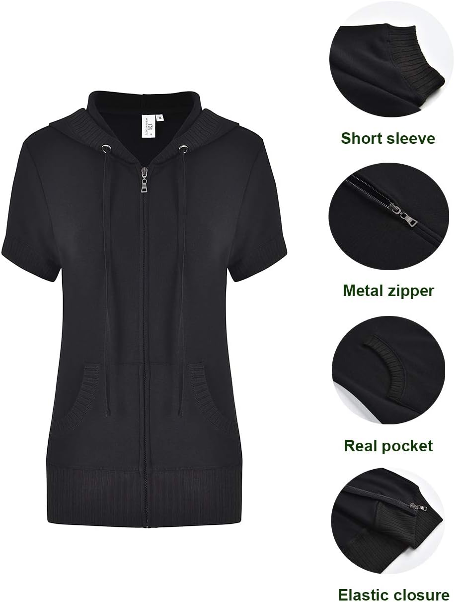 MISS MOLY Women's Short Sleeve Hoodie Full Zip Up Cotton Slim Fit Sweatshirt with Pocket - Image 4