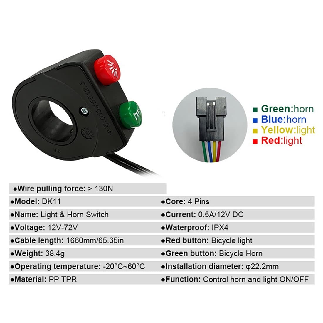 Set di luci Anteriori e Posteriori per Bicicletta elettrica 12-72 V Kit di Cavi di Collegamento per fanale Posteriore per Bici elettrica Accessori per Bici elettriche