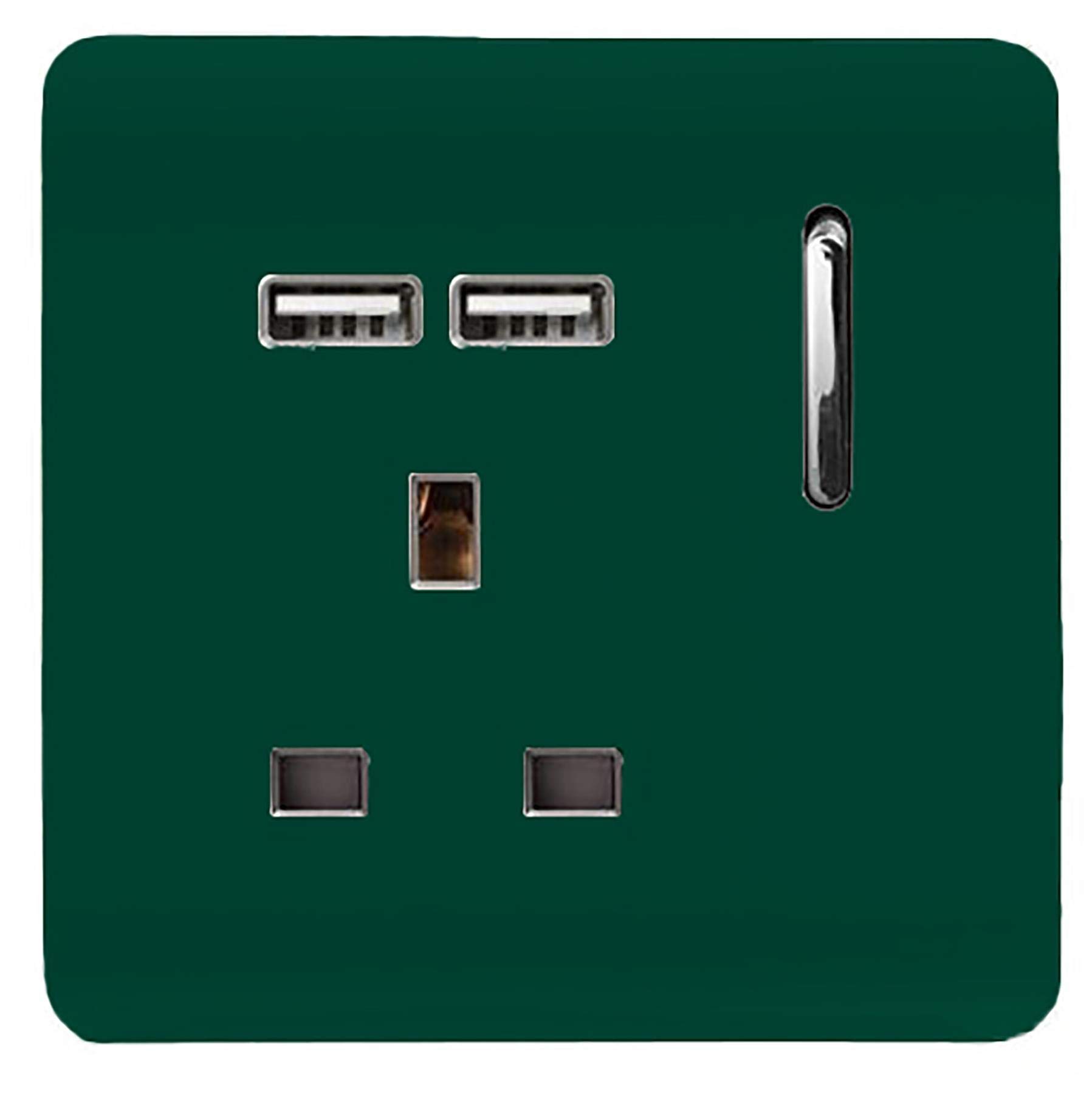 Trendi 1 Gang Single Switched Screwless Artistic Modern Glossy 13 Amp 2x Type A 2.1A USB Charging Port 13A Wall Outlet Plug Socket in Dark Forest Green - ART-SKT13USBDG