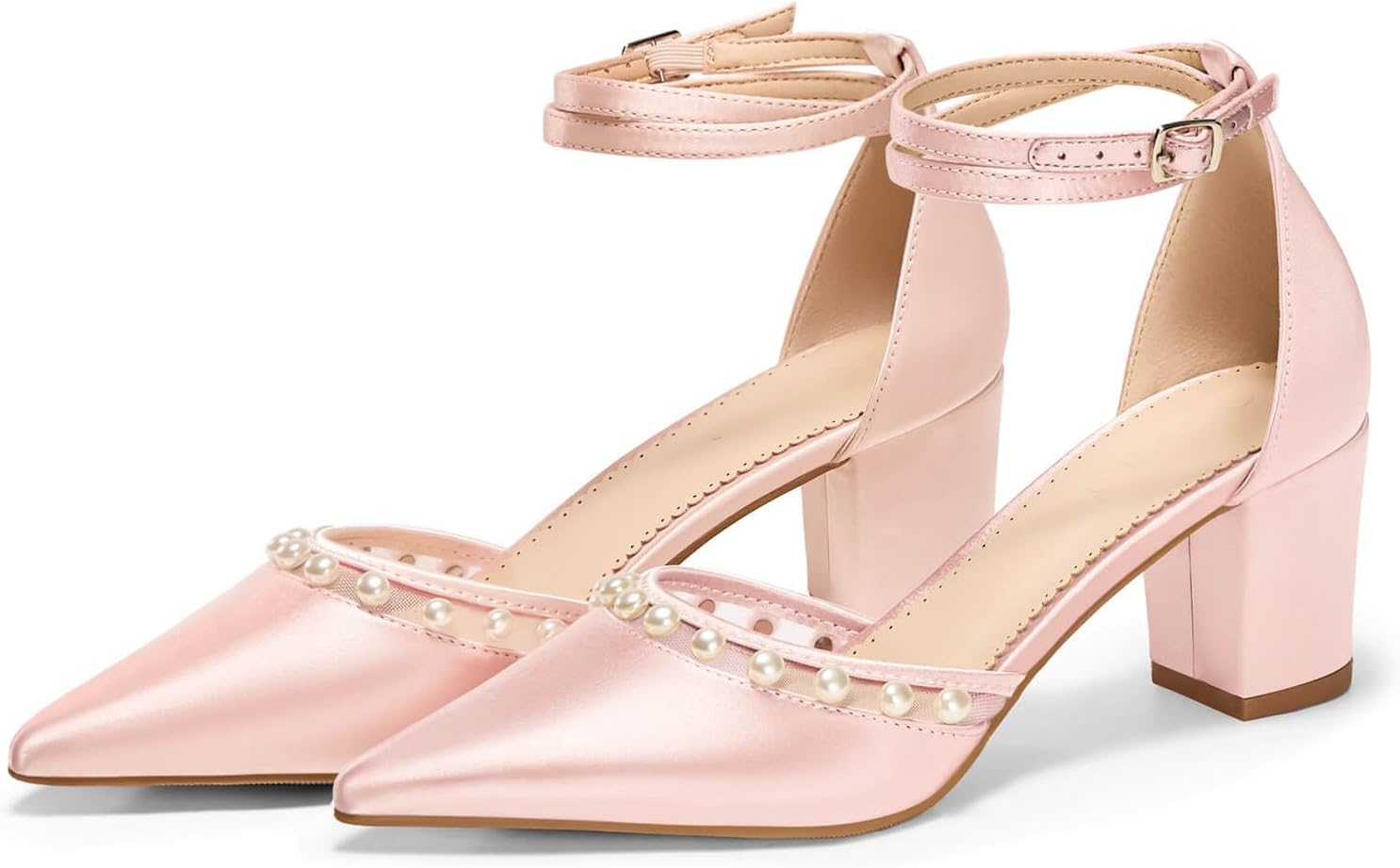 Coutgo Womens Pearl Chunky Heels Wedding Shoes for Bride Closed Pointed Toe Ankle Strap Satin Pumps - Image 6