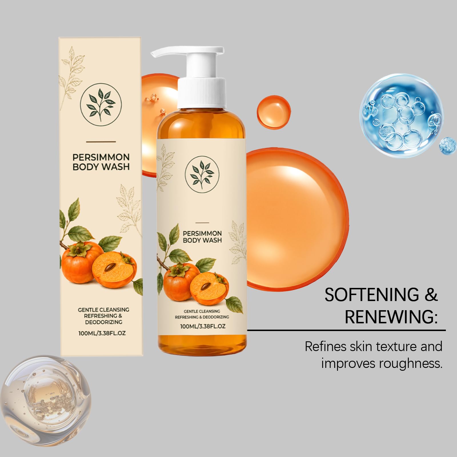 Gel doccia deodorante al cachi per pelli mature, idratante, naturale, per eliminare gli odori del corpo, detergente delicato e deodorante per l'uso quotidiano, per uomini e donne. 6 pezzi