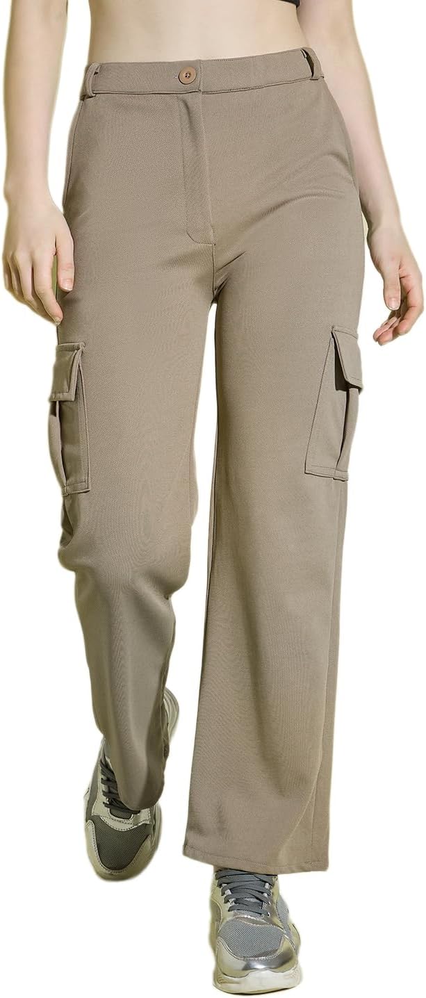 Plus Size Straight Fit Full Length Solid Cargo Pant | Women Casual Pant