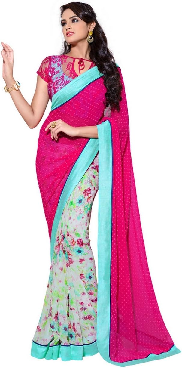 Saris and Things Hot Pink and Teal Exclusive Designer Georgette Sari Saree