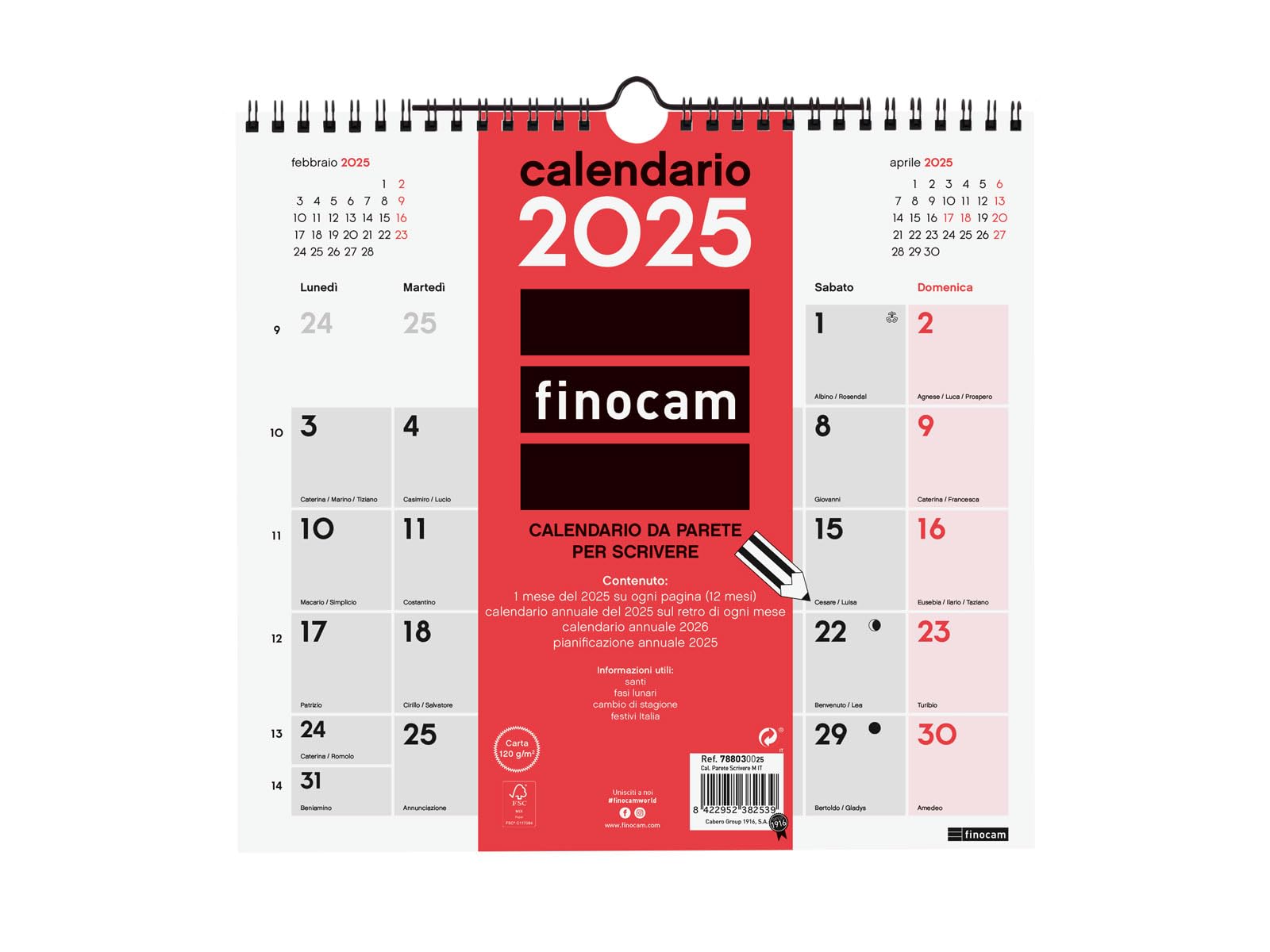 Finocam - Neutral Wall Calendar for Writing 2025 Monthly Layout January 2025 - December 2025 (12 Months) Italian