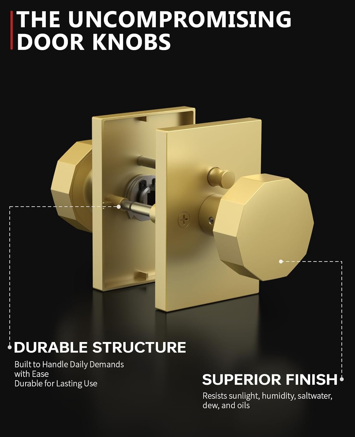 Asidrama 6 Pack Privacy Gold Door Knob with Lock, Brush Gold Door Knobs Interior for Bedroom or Bathroom, Heavy Duty Door Handle for Left Right Sided Doors