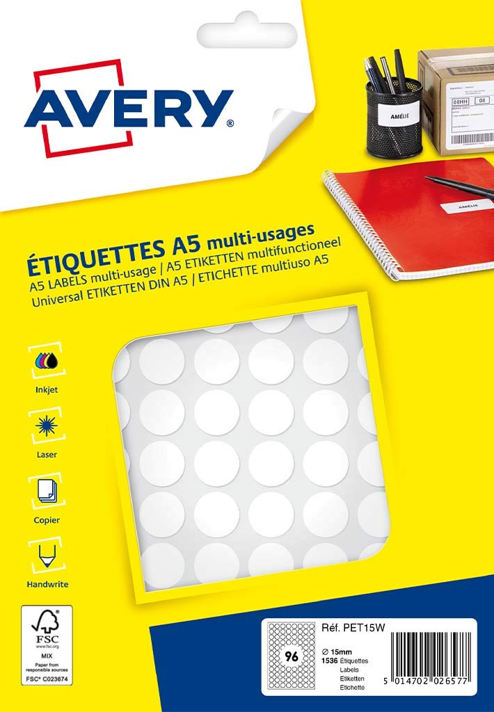 Pastilles adhésives 15 mm Blanc AGIPA 111840 Lot de 196 Etiquettes