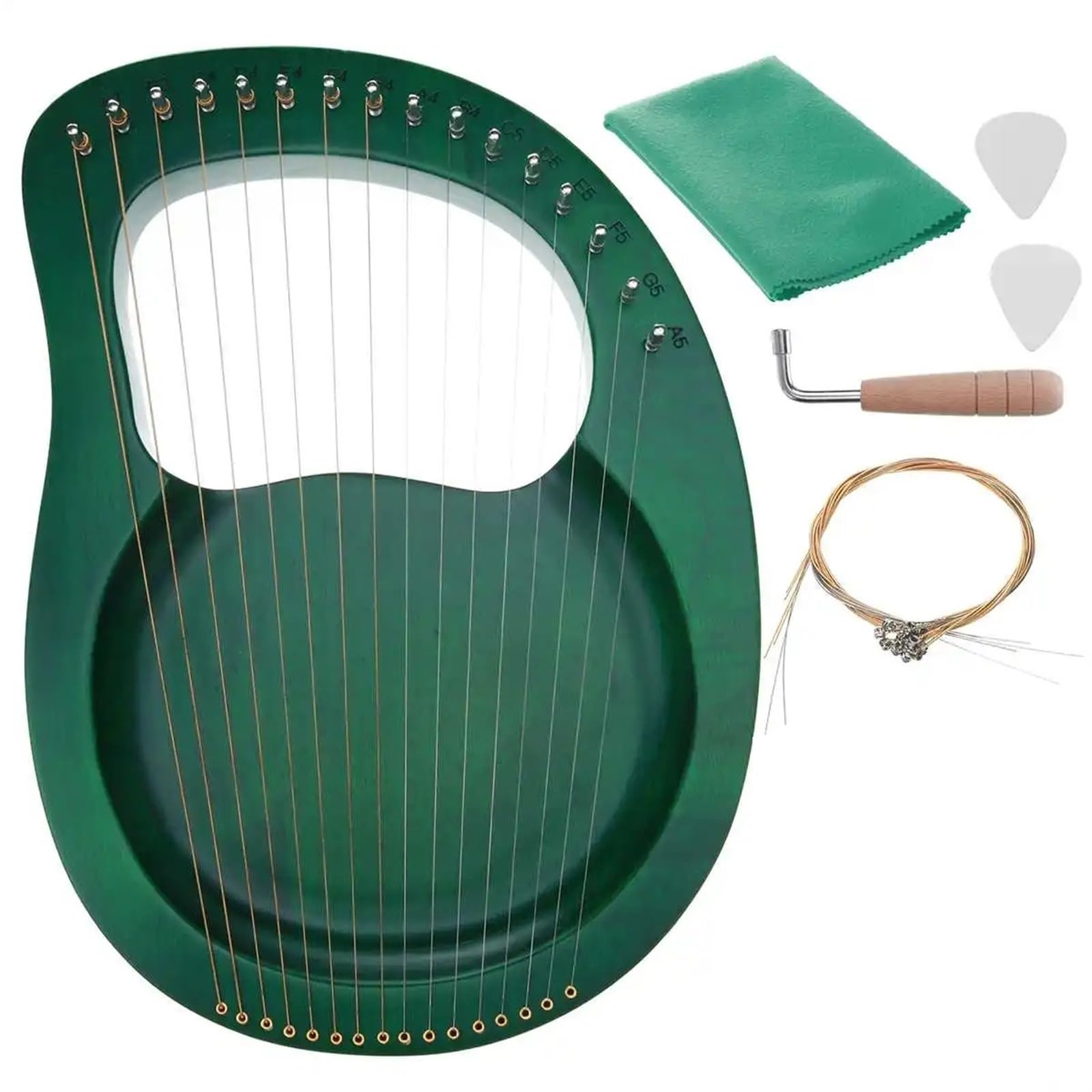 Lyre Harp 16 Saiten Holz Mahagoni Leier Harfe Instrument mit Tonabnehmer Stimmschlüssel Reinigungstuch Anfänger Geschenk Musikinstrument(Dark Green)