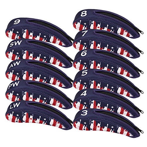 RoryTory 11pc Set Neoprene Zippered Golf Iron Mens Head Covers - Red/White/Blue