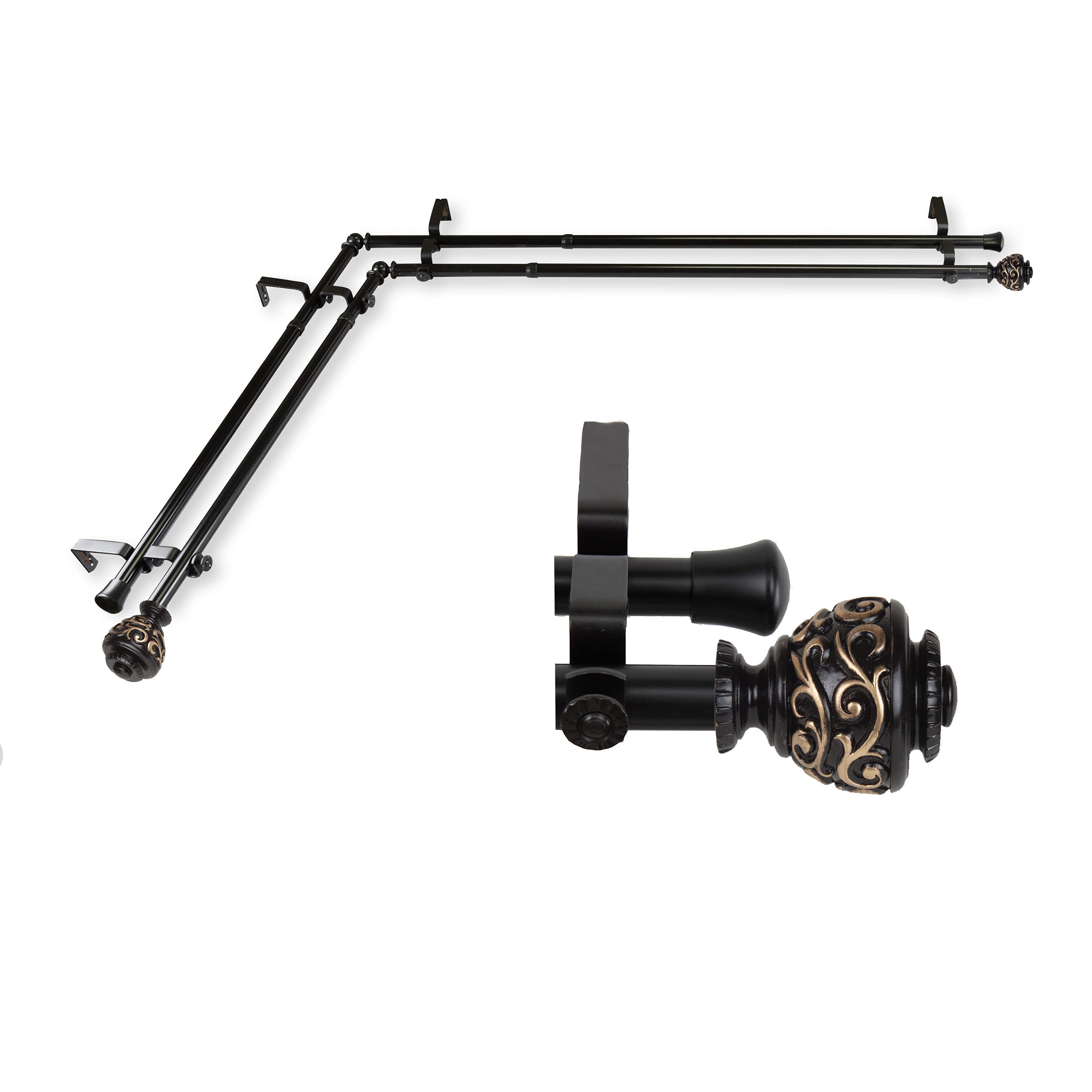 A&F Rod Décor - Jamila 13/16" Corner Window Double Curtain Rod 28-48" - Black