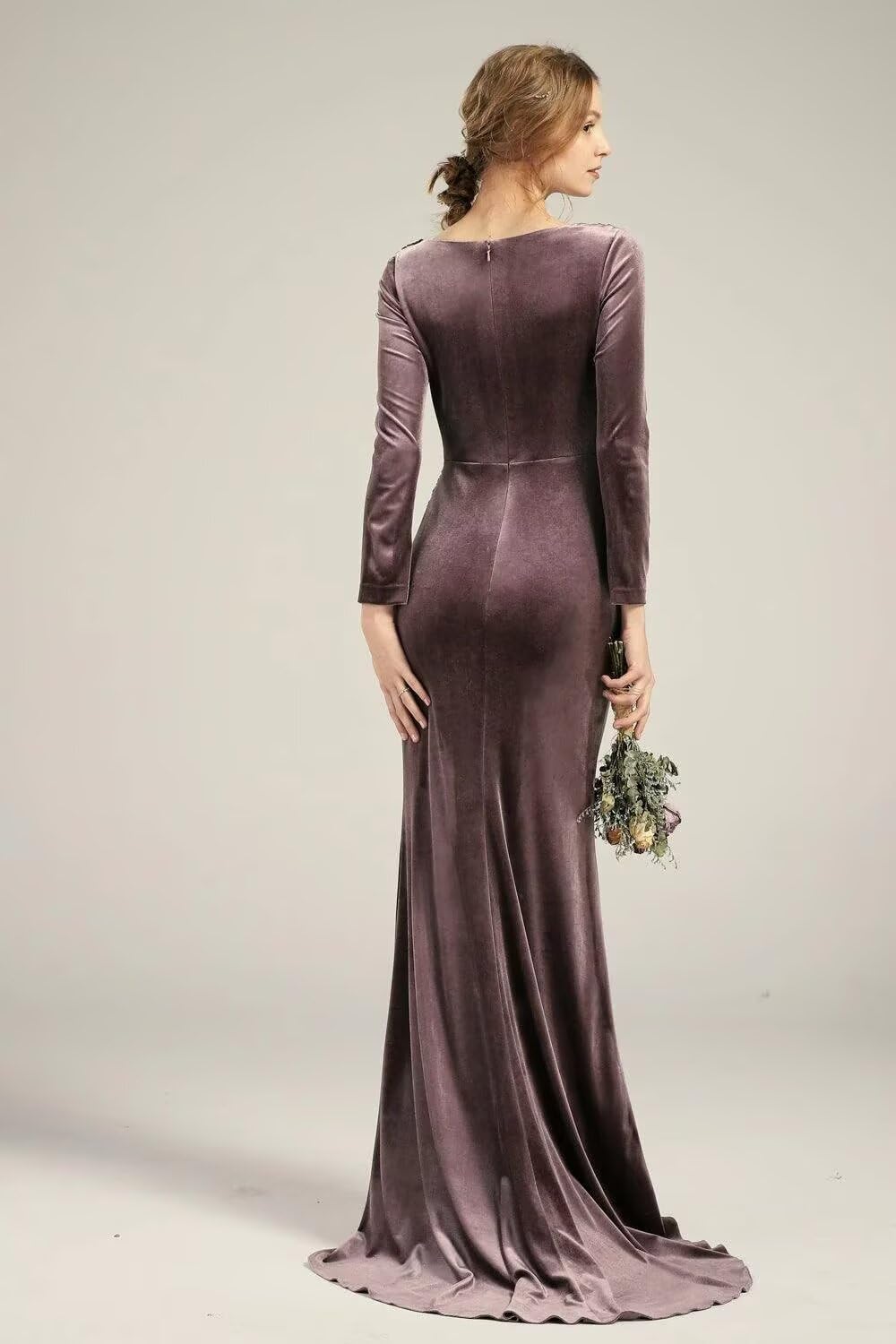 Cowl Neck Velvet Bridesmaid Dress for Women 2024 Long Sleeve Pleated Mermaid Wedding Guest Dress with Slit - Image 3