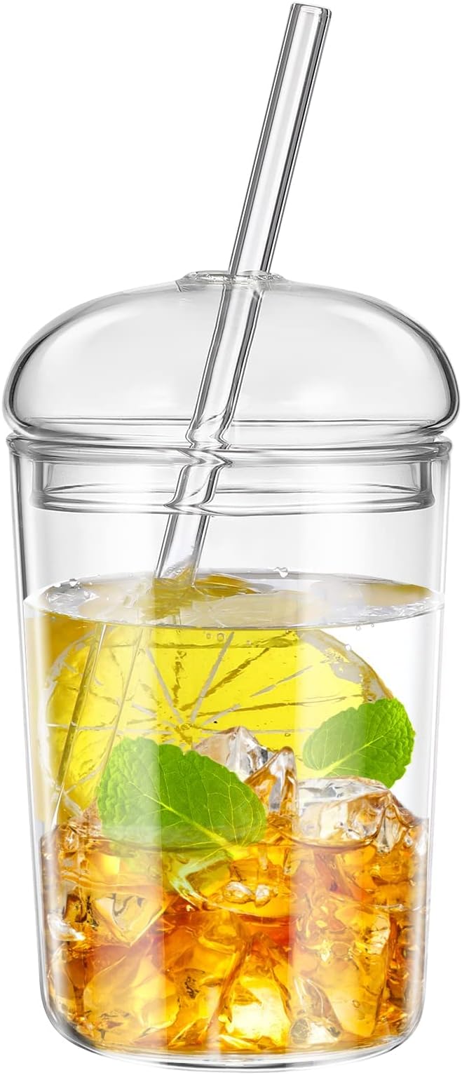Glass Tumbler with Straw and Lid, 16oz Glass Smoothie Cups Heat Resistant Juice Drinking Cup Clear Coffee Cup Large Water Mug for Home Outdoor Travel