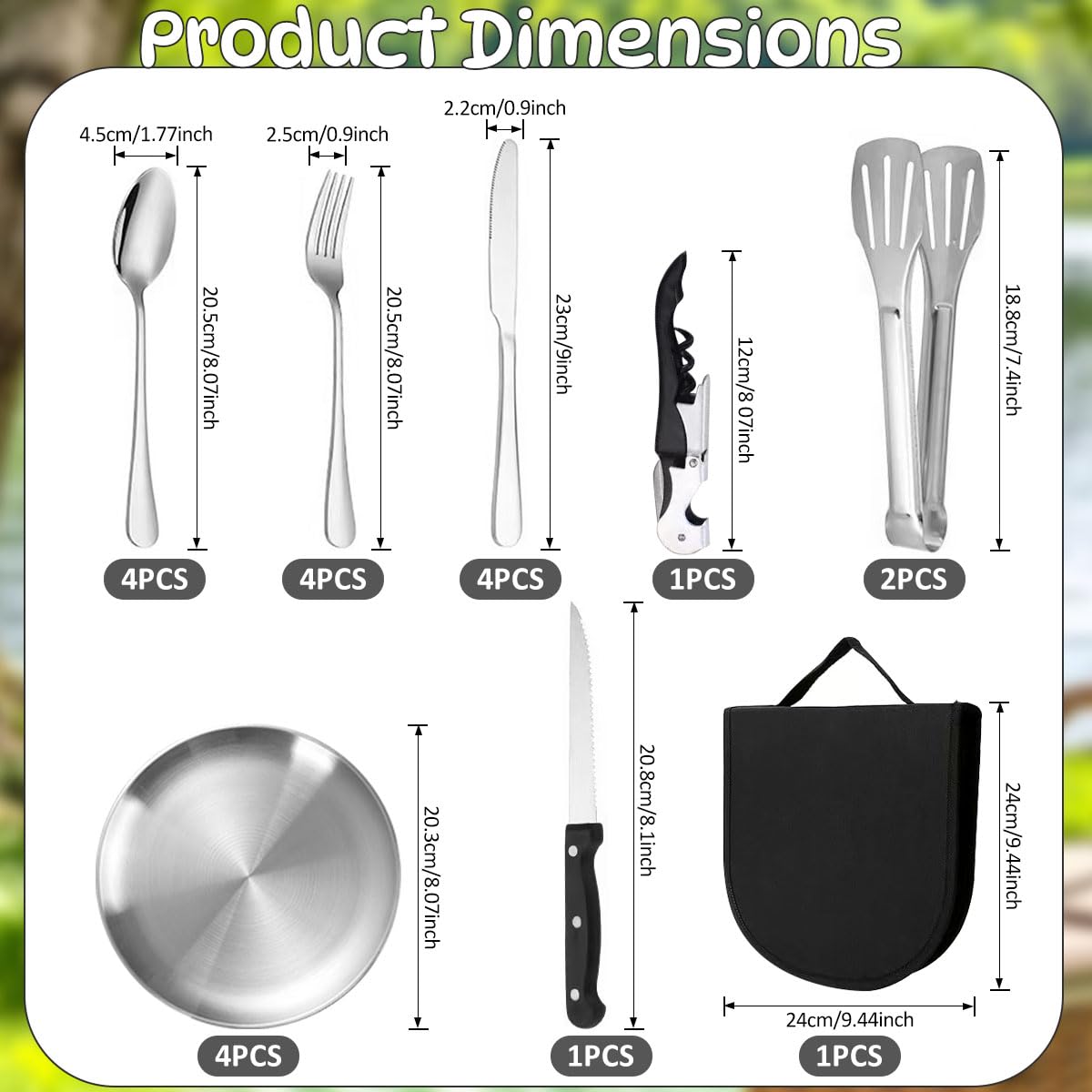 Set Couvert Camping 4 Personnes,21 Kit Vaisselle Camping Acier Inoxydable avec Sac Rangement,Portables Réutilisable pour Voyages,Camping,Randonnée,Plein Air