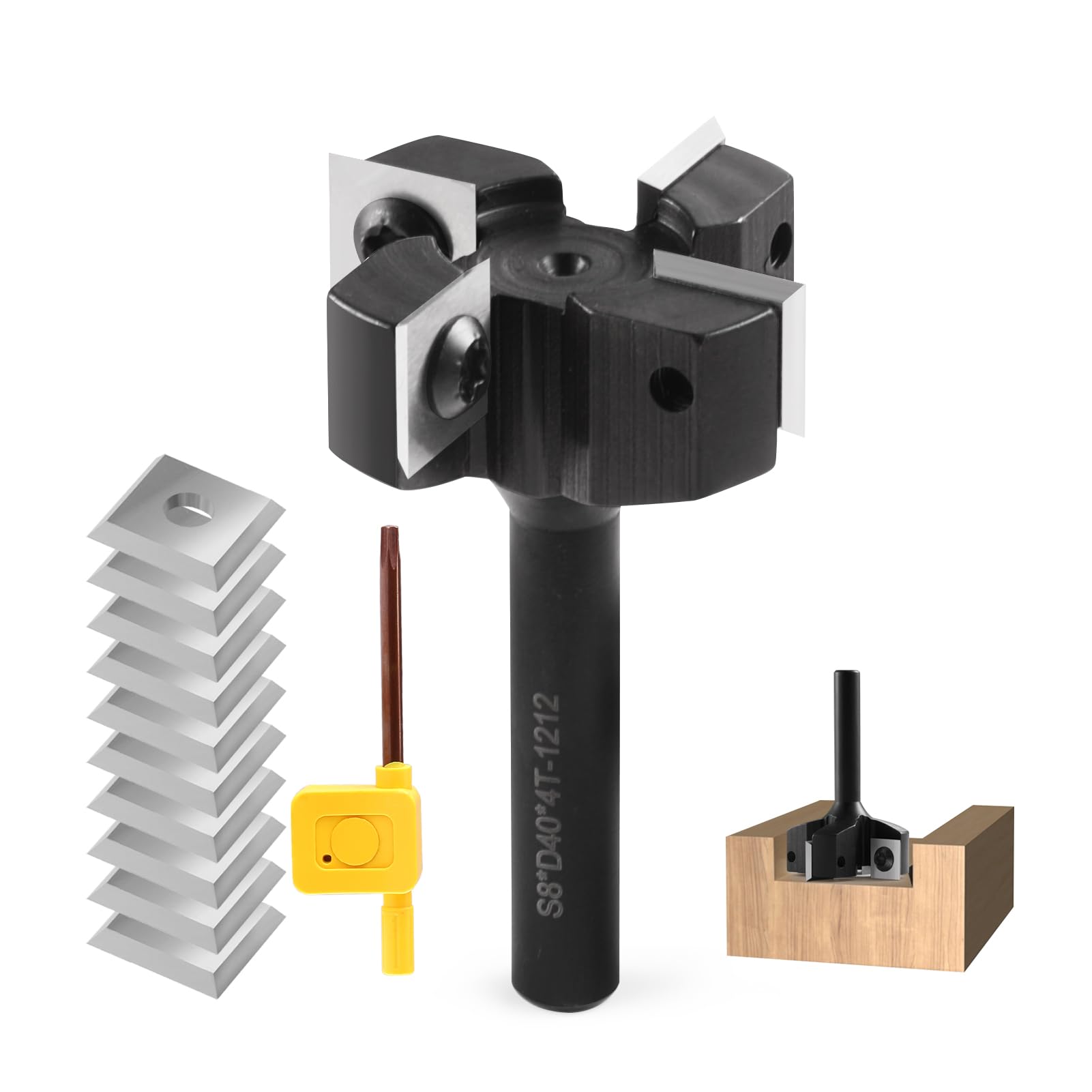Planfräser 8mm schaft 4 Flöten mit 10 austauschbaren Hartmetallmessern(12x12x1.5mm), Durchmesser 40 mm, CNC Plattenfräser Reinigung Fräser für Oberfräse Holzbearbeitung(D=40 S=8)