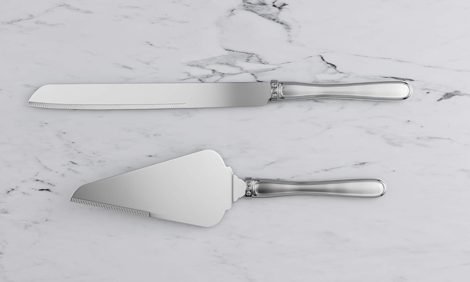 Grace Cake Knife and Server Set - Silver Wedding Cake Knife and Server Set That Features 3 Crystals Embedded on the Handles | Use Cake and Knife Wedding Server for Weddings, Anniversaries or Birthdays