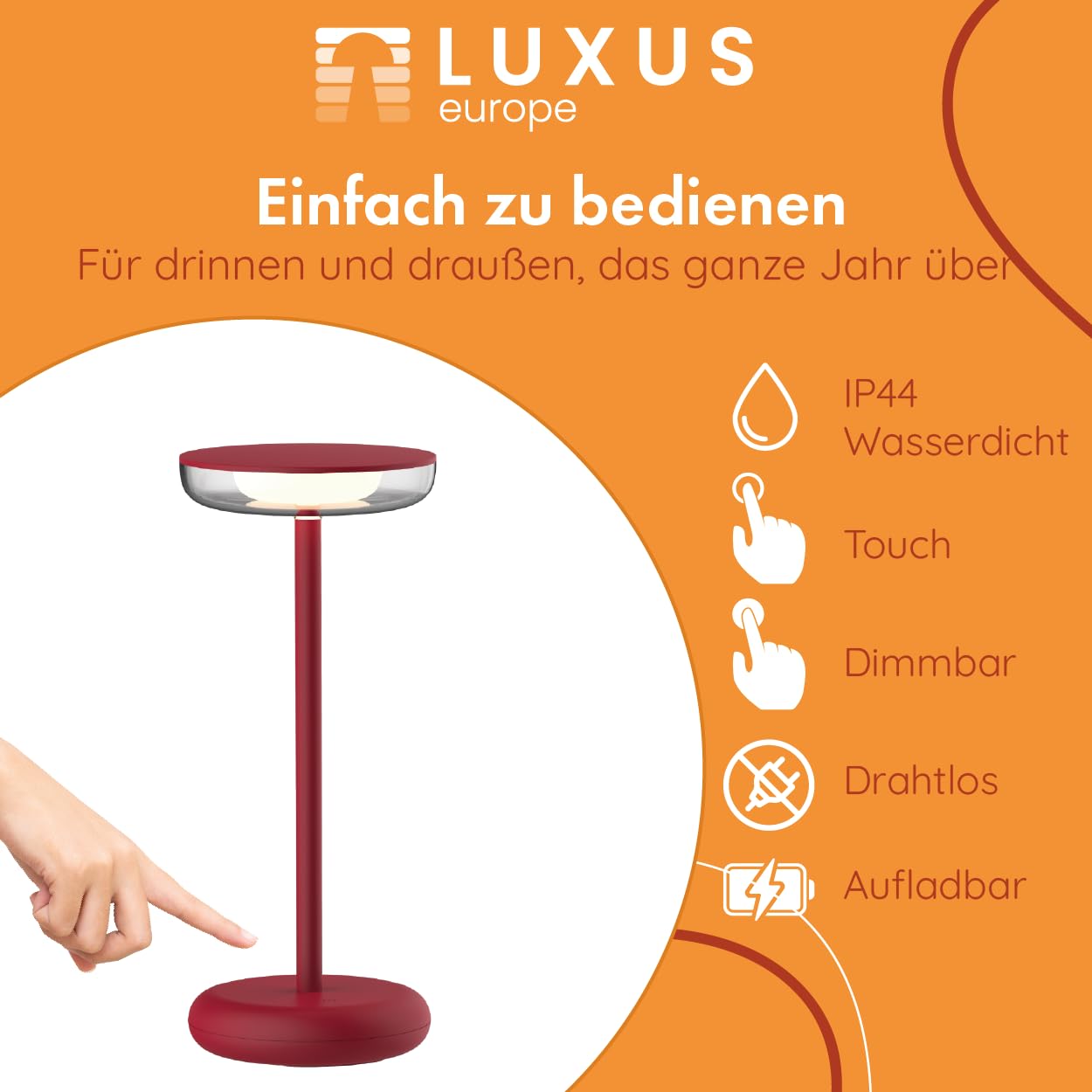 Luxus Kabellose Tischlampe Mykonos - 2er-Set - Bordeauxrot - Greece Nights - Tischlampe für den Außenbereich - Campinglampe - Wasserdicht - Wiederaufladbar - Akku - Dimmbar