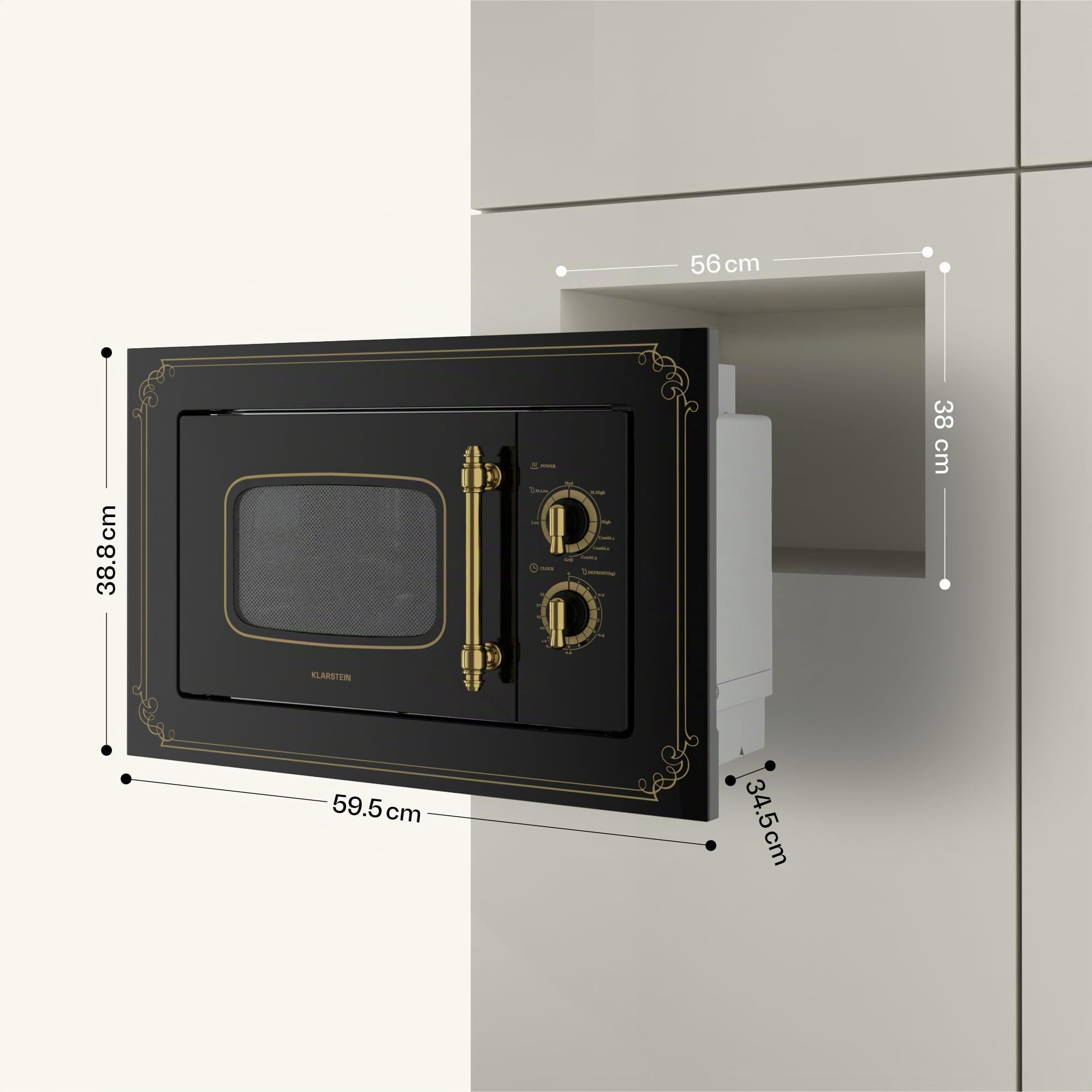 Klarstein Victoria 20 - Micro-ondes Encastrable Design Rétro, 20L, 800W/1000W Gril, 3 Fonctions, Acier Inoxydable, Cadre de Montage, Noir