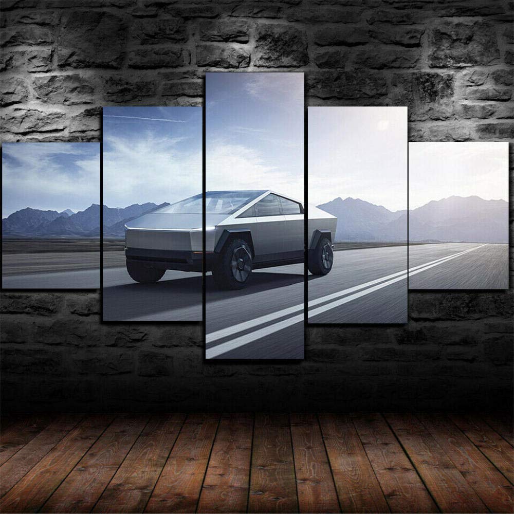 Lanuo Framed 5 Piece Modern Canvas Prints Artwork 2022 Tesla Cybertruck Poster Paintings Pictures on Canvas Wall Art for Home Living Room Decoration(XXLarge Size 79x40inch)
