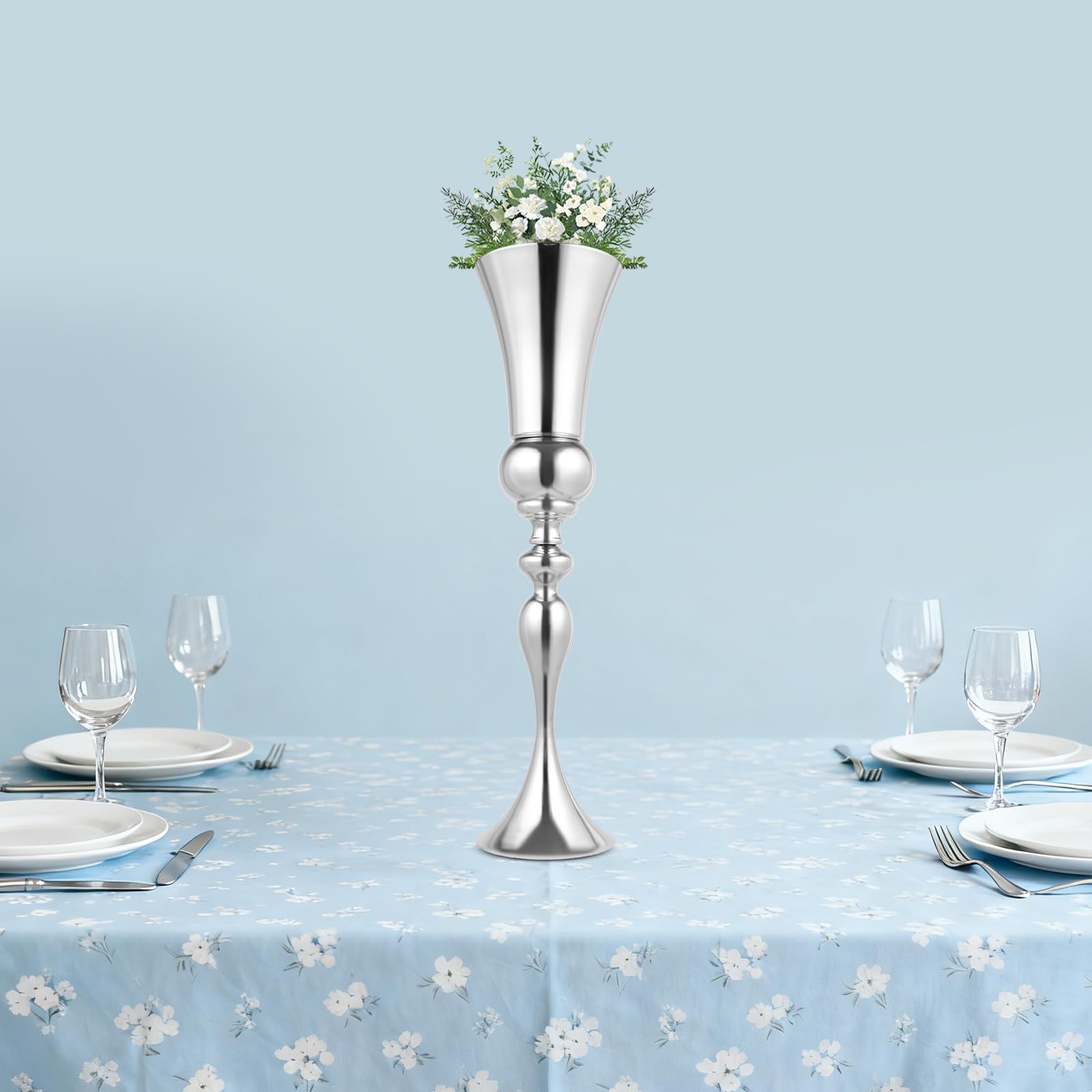 Vaso da pavimento, 74 cm, in metallo, argento, per fiori e decorazioni, 20 x 74 cm | altezza 74 cm, diametro 20 cm, ferro galvanizzato, base stabile, per matrimoni e casa