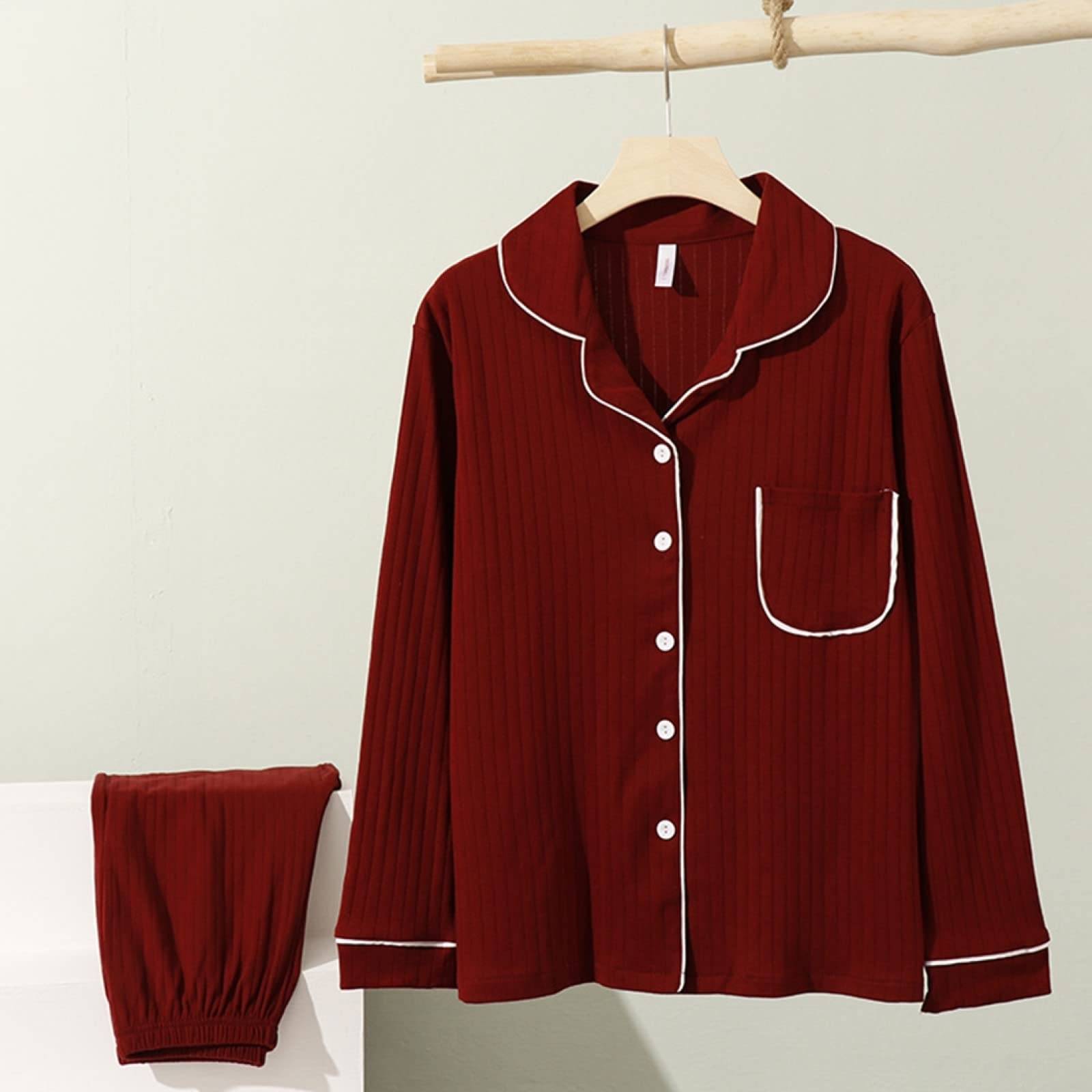Pijamas de Franela de Invierno y otoño para Mujer y Hombre, Conjuntos de Pijama de otoño y 2 Piezas para Mujer, de algodón de Moda, de Manga Larga, con Solapa, Sencillos, de algodó