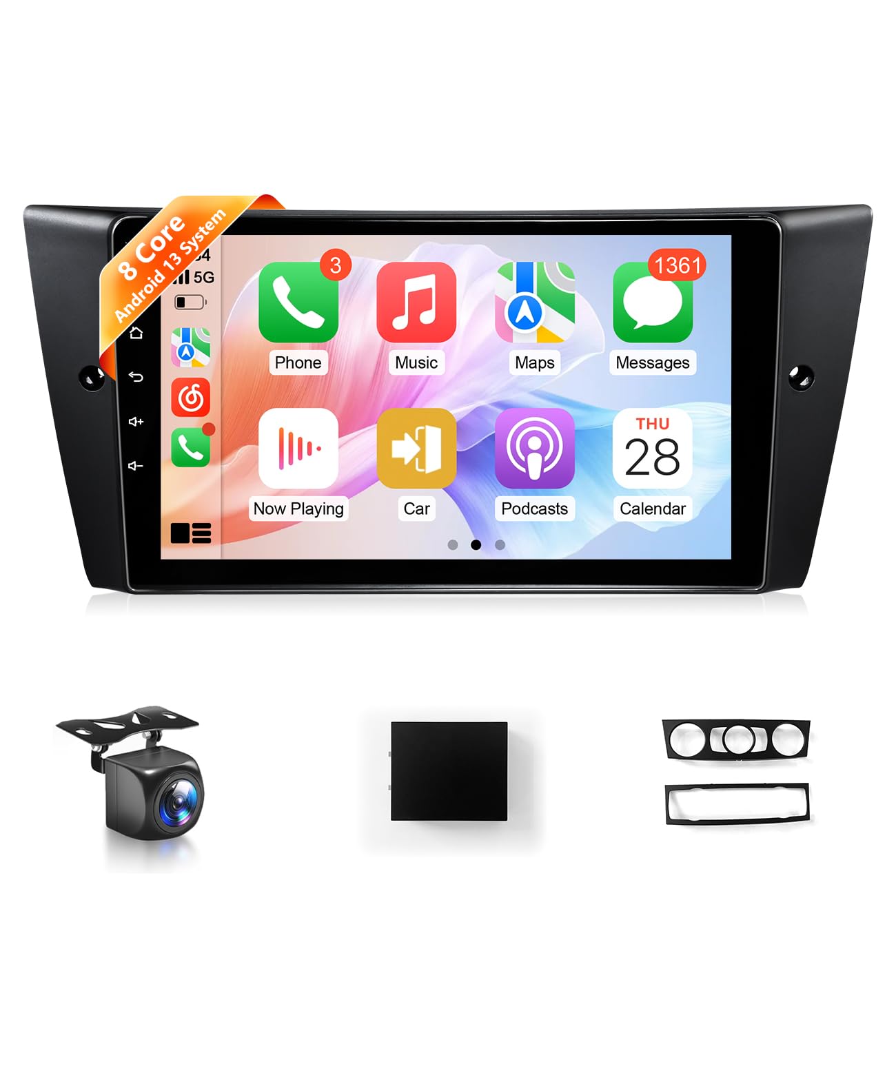 Stereo for BMW 325i 328i 335i E90 E91 E92 E93 2005-2011 Radio with Wireless CarPlay &amp; Android Auto, 9" IPS Touch Screen for 328i Car Navigation GPS BT WiFi FM DSP RDS AUX SWC Carmera, No Fiber