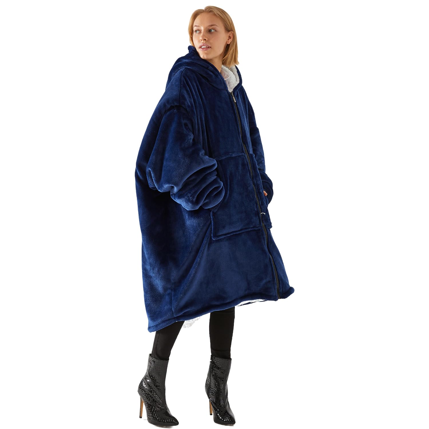 Pahajim Bluza z kapturem, koc z rękawami, przenośny koc z kapturem, oversize, z zamkiem błyskawicznym, ciepły, miękki, flanelowy, dla nastolatków, mężczyzn i kobiet, 90 x 130 cm