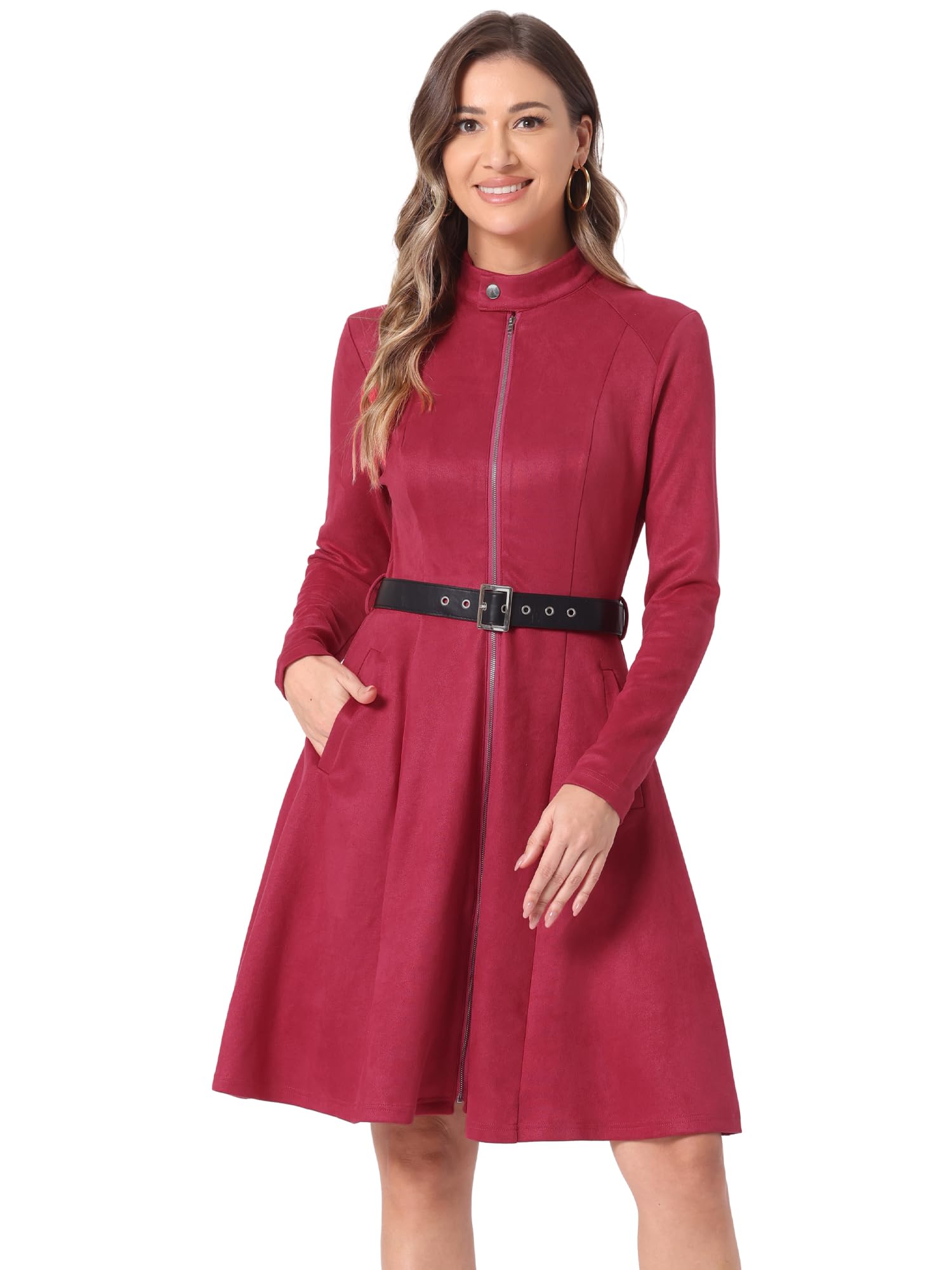 Allegra K Women's Fall 2025 Dress Faux Suede Stand Collar Zip Up Belted Vintage Dresses
