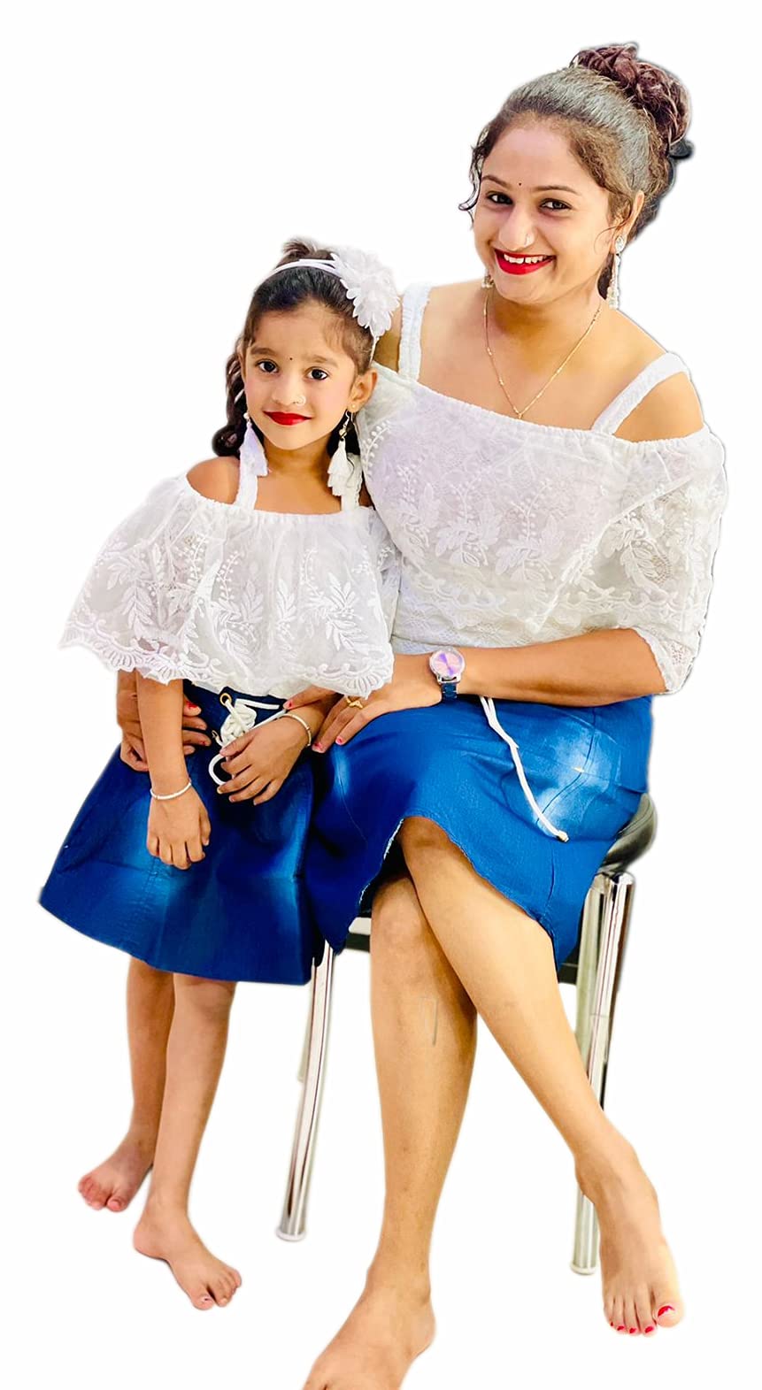 BENKILS Vestido de una pieza para mujer y niña, color blanco y azul, para mamá e hija